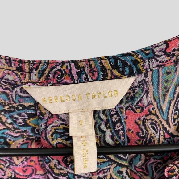 Rebecca Taylor Pink Multicolor + Gold Metallic Paisley Print Silk Blouse - Picture 7 of 9